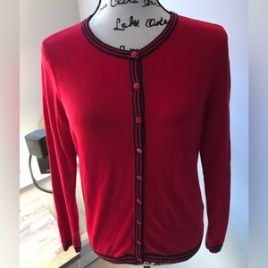 Talbots Red 💯 Cotton Button Down Cardigan w/Navy Blue Stripes Woman’s Sz Small